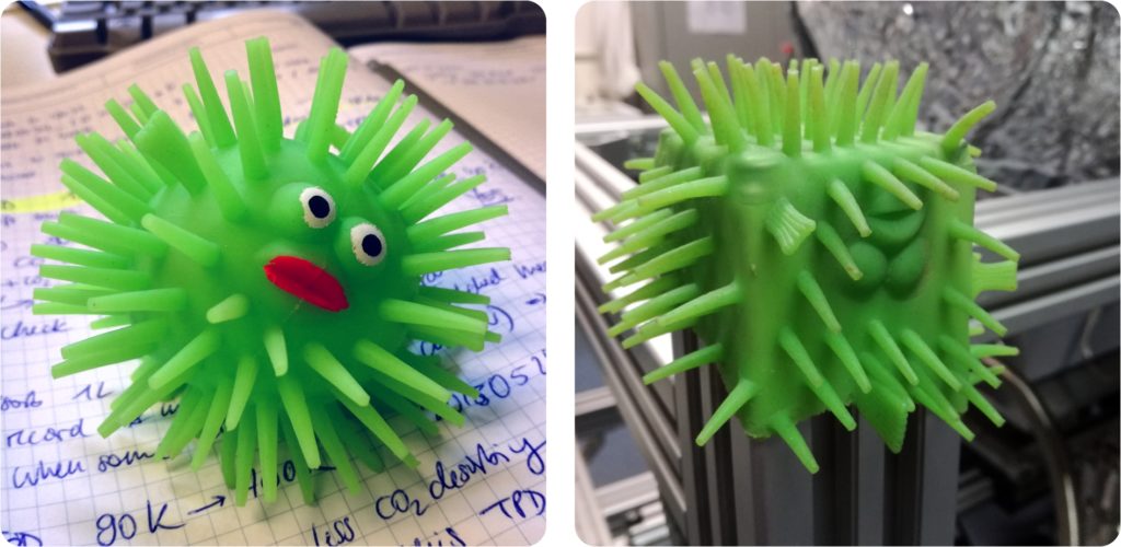 PhD frustration: Green stress toy fish before and after 6 months