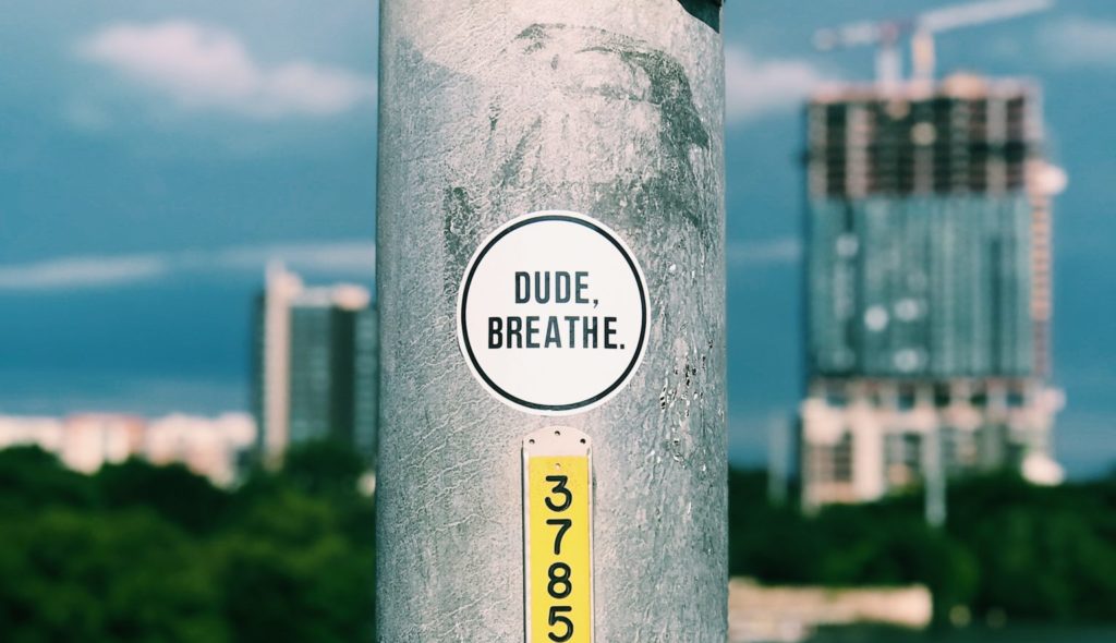 PhD Meditation: "Dude, Breathe" Sticker on Landpost