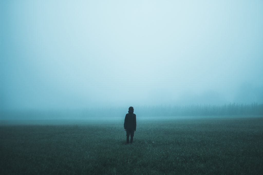 Taking time out of your PhD: Person alone in a foggy meadow